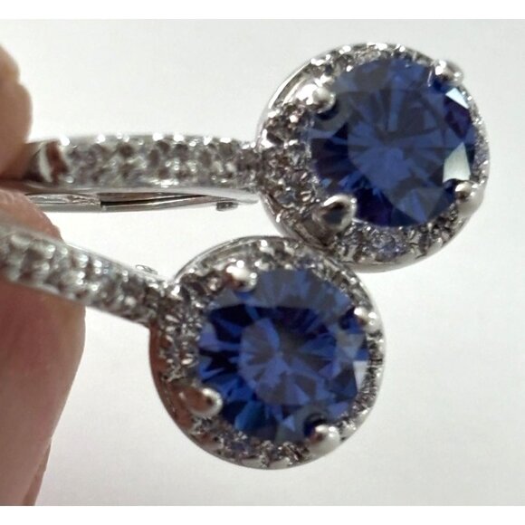 Silver Blue CZ Sapphire & CZ Halo Leverback Earrings - Picture 1 of 4